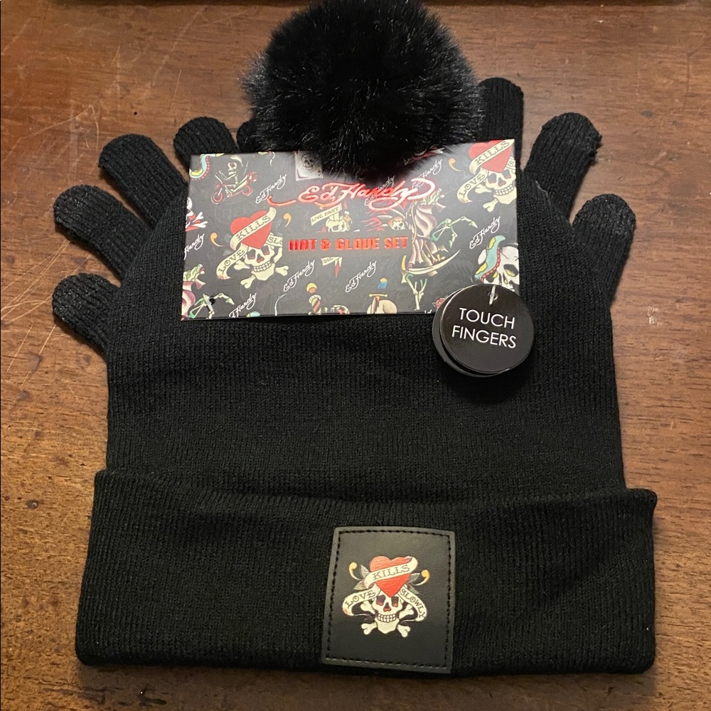 🆕 Ed Hardy Unisex Y2K Cuff Beanie Black Cap Hat & Gloves Brand New